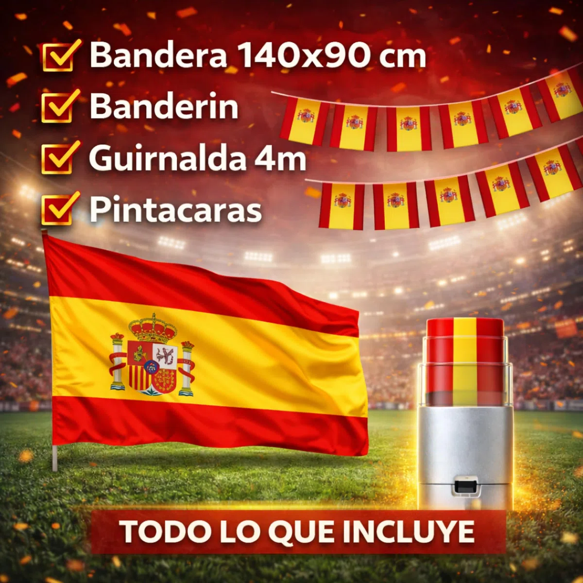 Bandera España 140x90 cm, Guirnalda 4 m, Bandera de Mano y Pintacaras, Accesorios Afición Pack España Completo