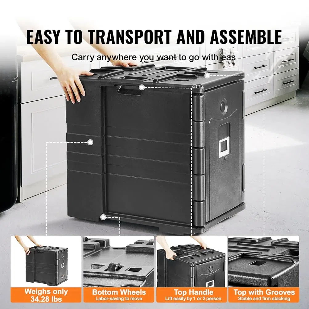 Caja de poliestireno de 90 l, porta alimentos aislante, con asas y ruedas integradas, calentador de alimentos de carga frontal, para transporte de alimentos en camping y picnics, color negro