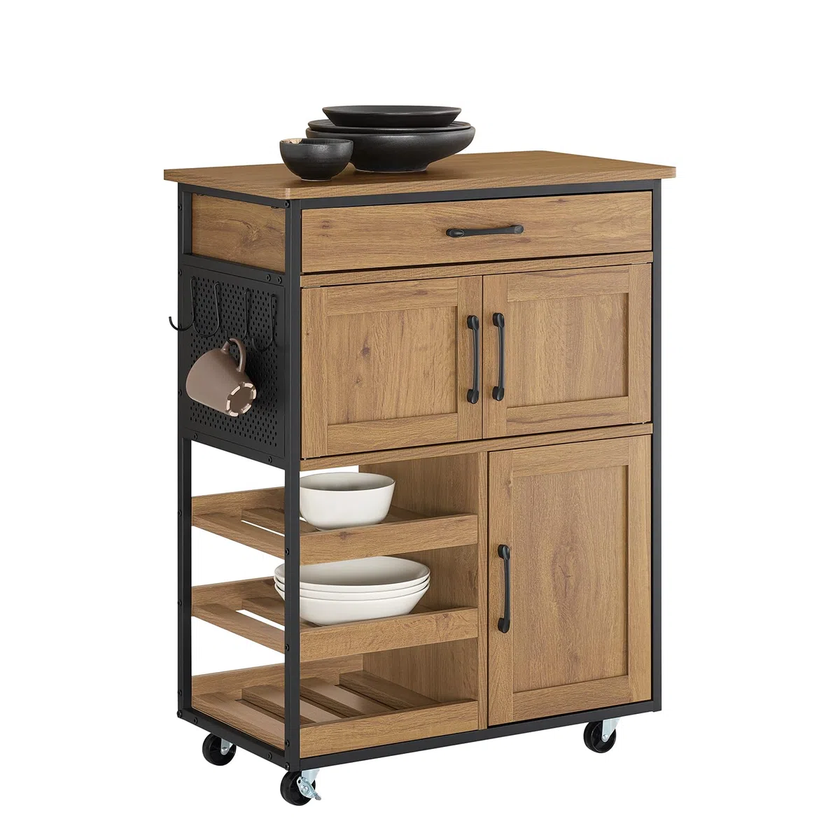 SoBuy Carrito Cocina con Ruedas con Freno & estantes Abiertos, 67x88x37cm | Carro Cocina Auxiliar con encimera, cajón & ganchos, carga 30 kg, estilo industrial, PB/metal, comedor/exterior, FKW134-N