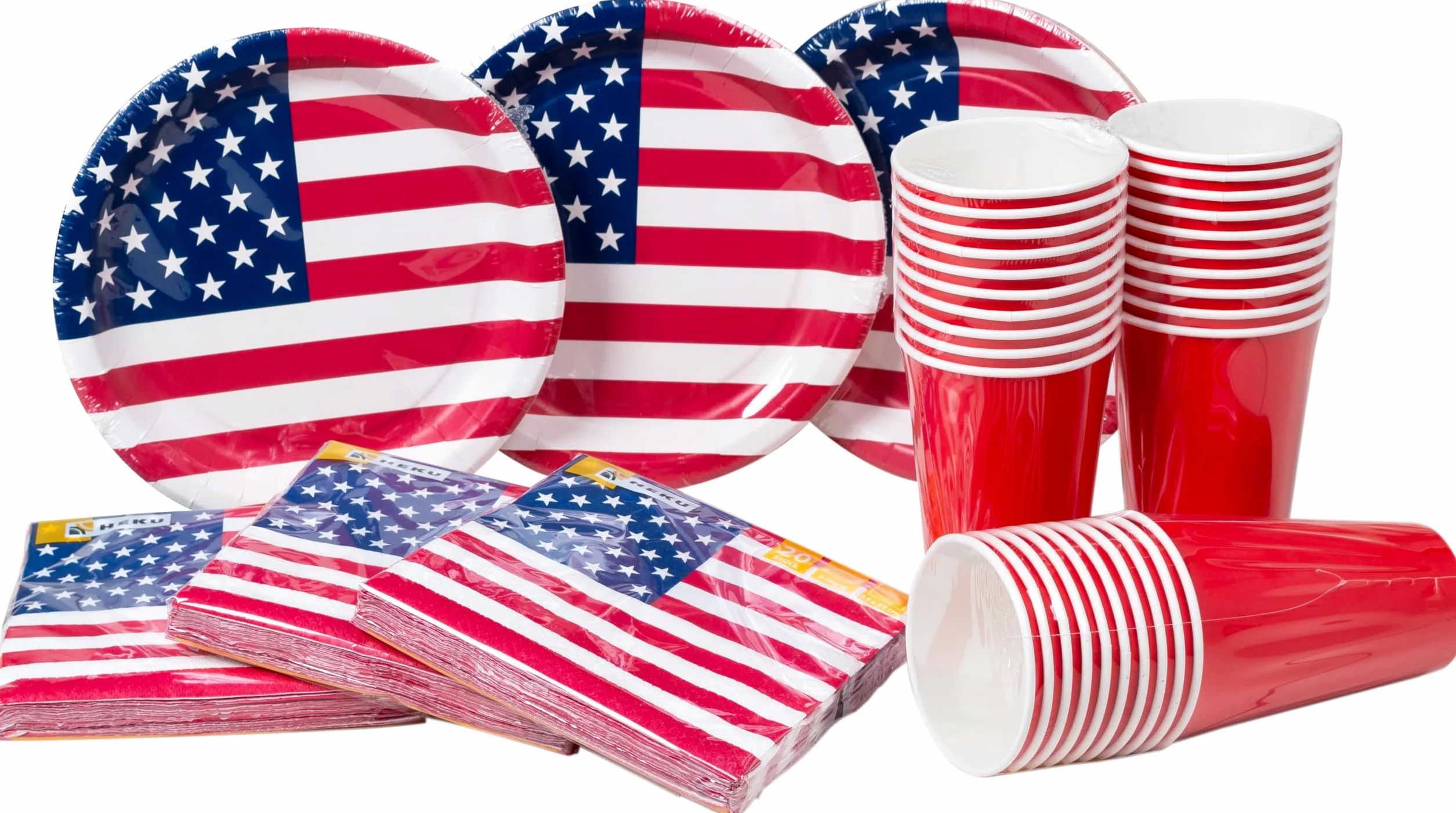 HEKU Juego desechable para fiestas, 120 piezas, diseño de bandera americana, incluye platos de papel con diseño, vaso de fiesta (0,473 l) y servilletas (33 x 33 cm), ideal para fiestas y eventos