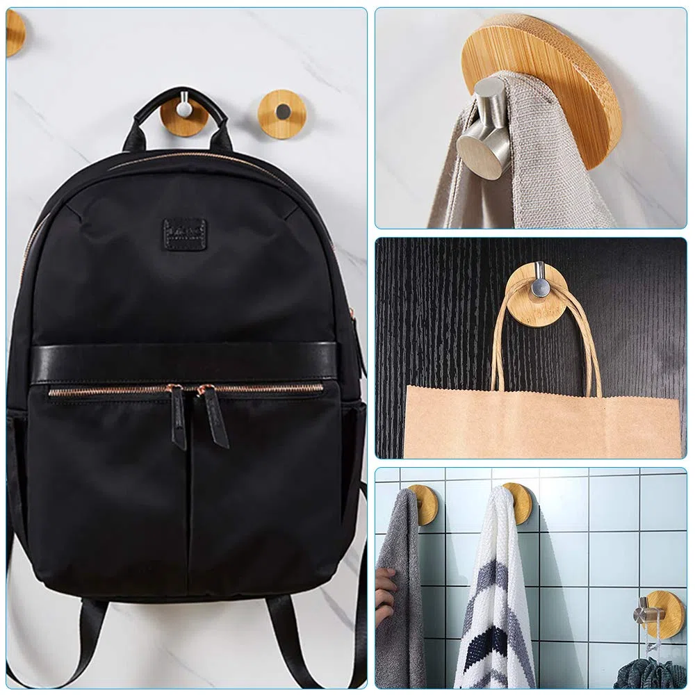 Ganchos de bambú autoadhesivos, 4 piezas de acero inoxidable y bambú para toallas, ganchos de pared de bambú, ganchos de bambú para abrigos, baño, cocina, oficina, gancho para toallas