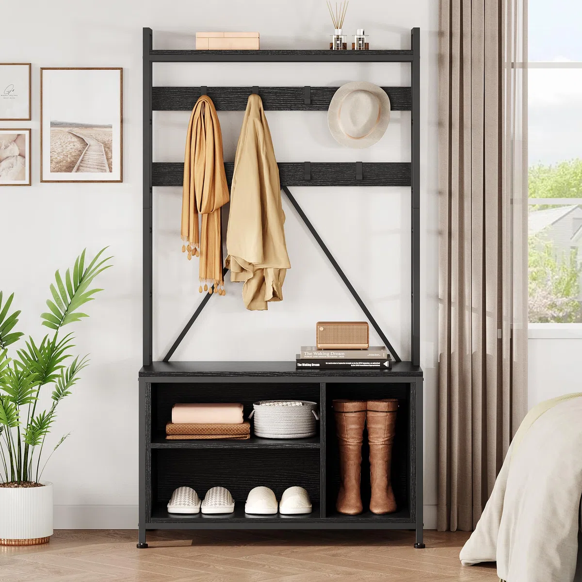 GarveeHome Perchero de recibidor 5 en 1 con banco zapatero, estantes, 17 ganchos y cajones – Organizador independiente de madera de diseño industrial – Ideal para entrada, pasillo o dormitorio – negro