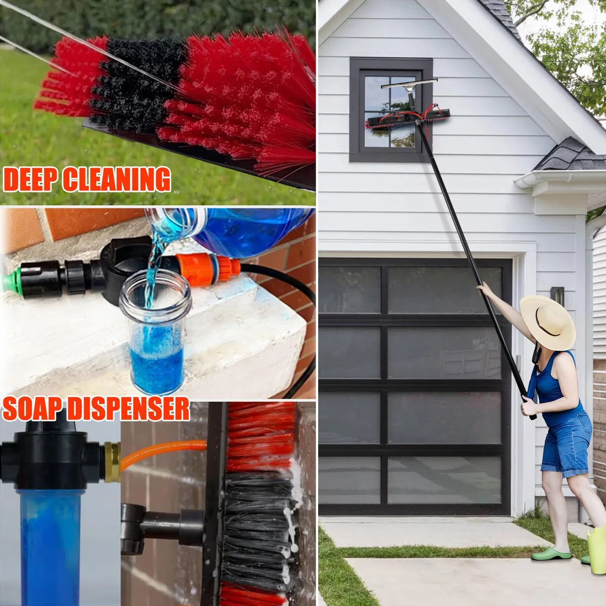 Kit de limpieza de ventanas de alimentación de agua, poste de aluminio de 10 m con cepillo de 35 cm, dispensador de jabón y manguera de 20 m, ideal para limpieza de paneles solares y ventanas altas