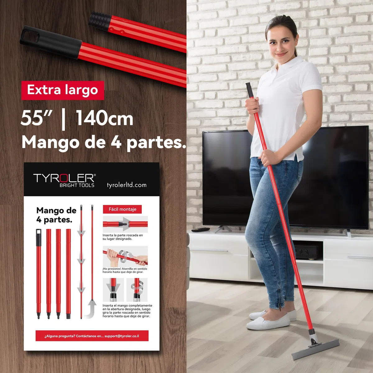 Tyroler Escobilla de Goma Silicona | Cabezal de 100% Silicona de 30 cm | Mango de 140 cm | Escoba de Goma para Suelo | Haragan para Suelos Exterior| Aragan para Suelos | Araganes para el Suelo