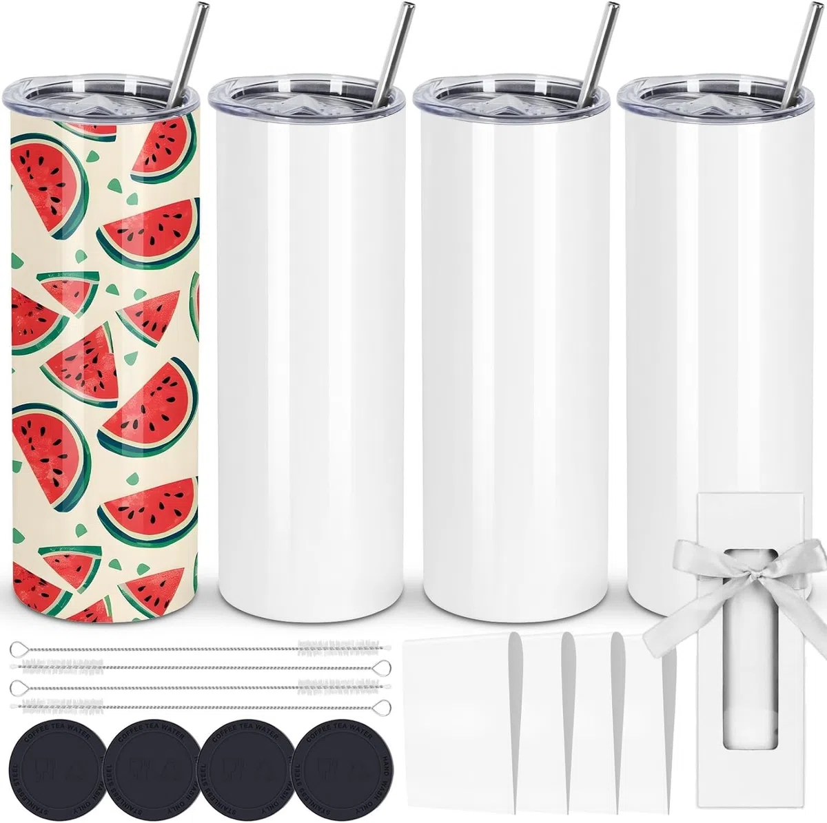 LATERN 4 Piezas Vasos de Sublimación Rectos, 600ml Acero Inoxidable Vasos con Aislamiento de Doble Pared Latas de Sublimación Blancas en Blanco con Tapa, Pajita, Caja de Regalo, Recubrimiento