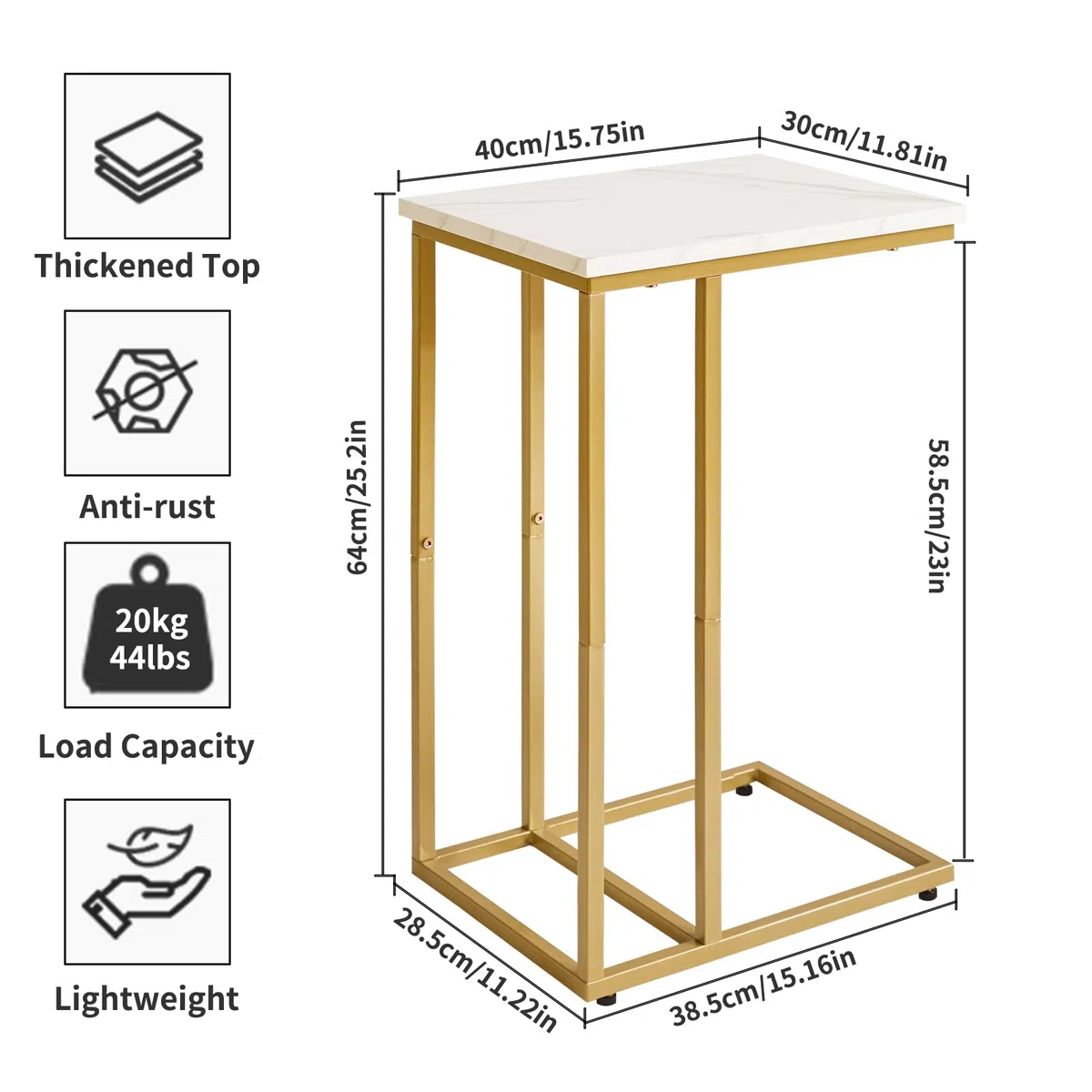 Aibiju Mesas auxiliares pequeñas en Forma de C, Mesa Auxiliar pequeña, Soporte de Mesa pequeño para Sala de Estar, Dormitorio, 16 x 12 x 25 Pulgadas,Mesa de Grano de Mármol + Patas Doradas，YD-TM051G