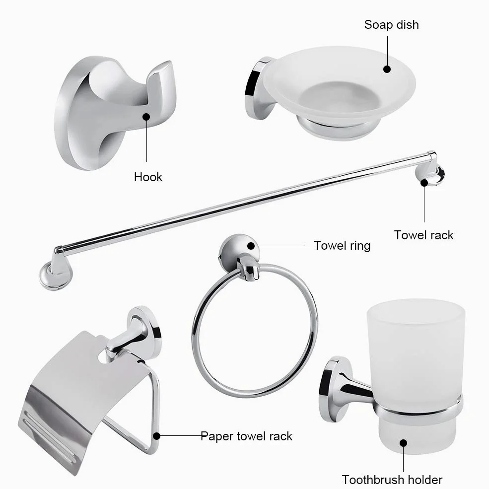 Juego de 6 accesorios de baño cromados para montaje en pared, soporte para papel higiénico, soporte para cepillo de dientes, jabonera, kit moderno de accesorios de baño