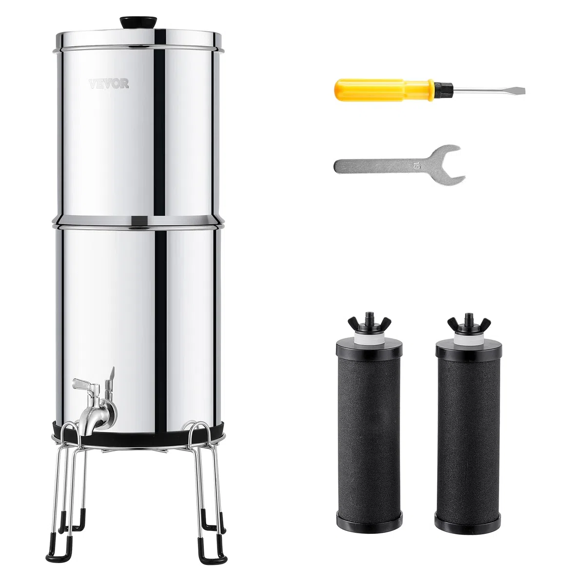 VEVOR Sistema de Filtración de Agua por Gravedad 8,5 L Acero Inoxidable 304 Filtro de Agua por Gravedad Reducción de Plomo y hasta 99% de Cloro con 2 Filtros de Agua, Grifo y Soporte para Hogar