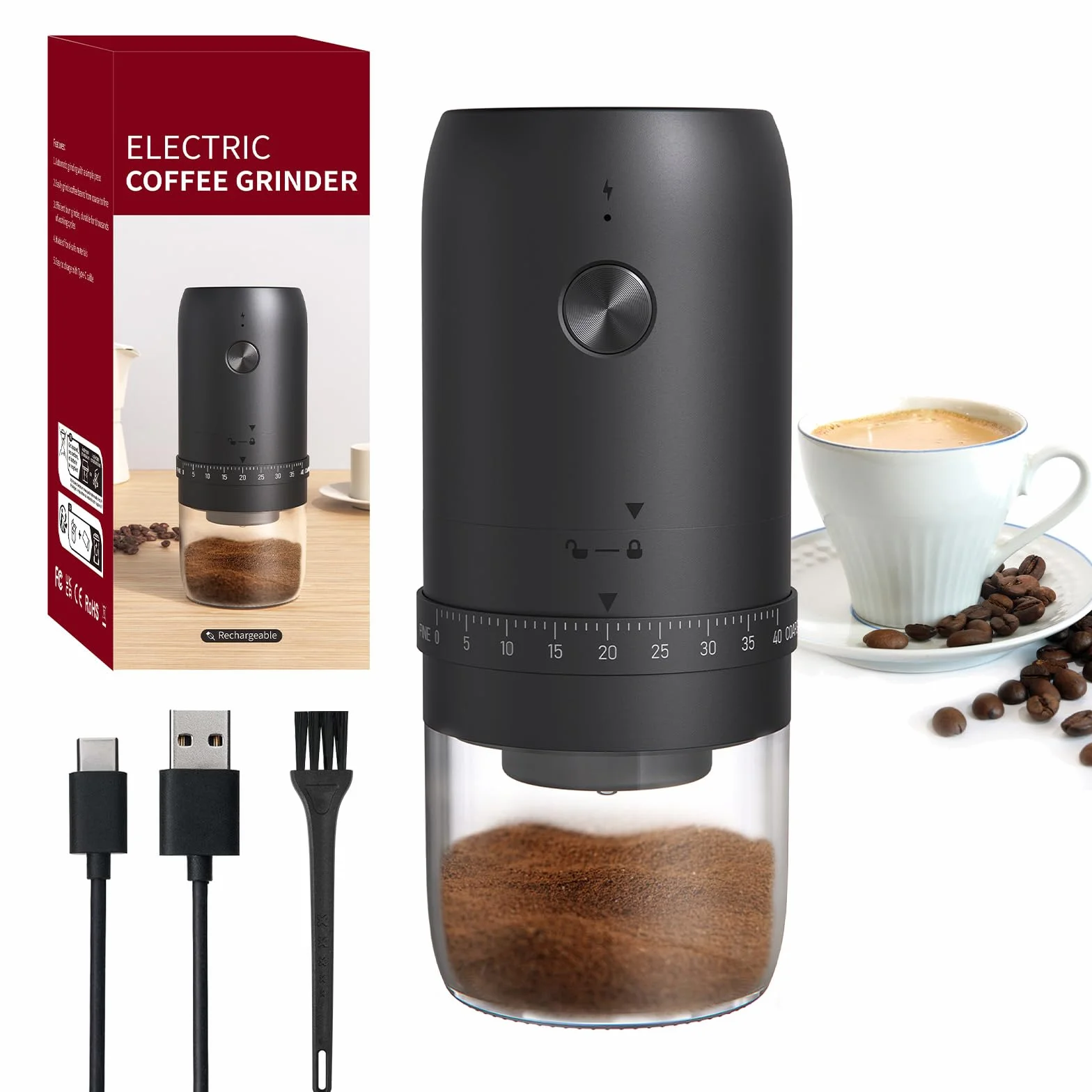 HOTUT Molinillo de café eléctrico, Molinillo de Café Portátil inalámbrico, núcleo de cerámico con 40 ajustes ajustables, USB Recargable, Mini Macinacaffè Automatico para Oficina, Viajes, Camping