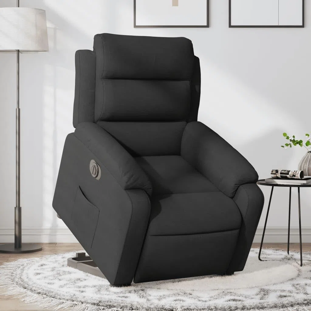 Sillón de relax con función reclinable eléctrica y ayuda para levantarse en tejido negro, respaldo de 135 grados y práctico bolsillo lateral, adecuado para hasta 110 kg