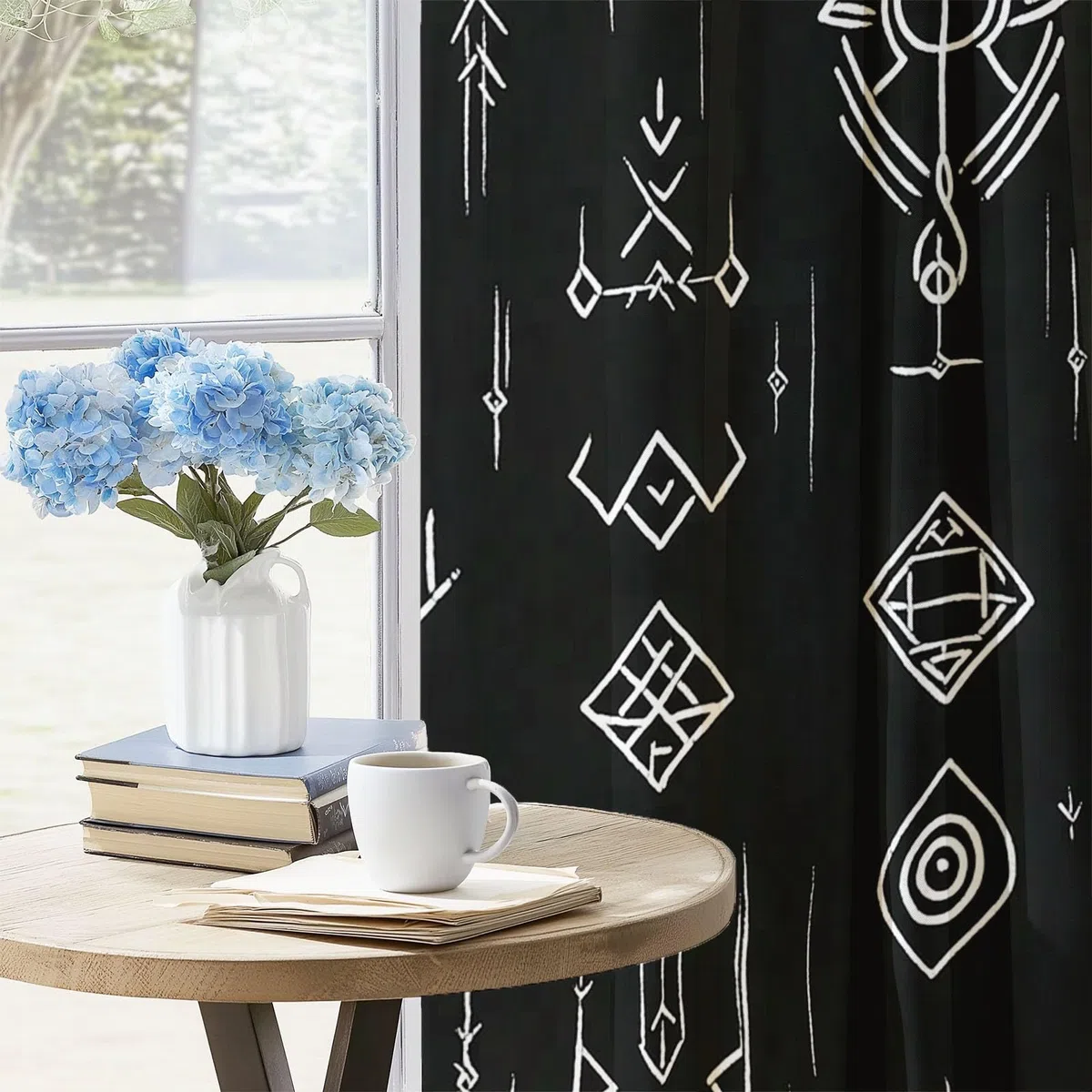 Cortina con Ojales Negro Estampado para Sala de Estar habitación de niñas y niños Tradicional Runas Vikingas Cortinas Estampadas 140An x 145Al cm (2 Paneles) Cortinas Opacas