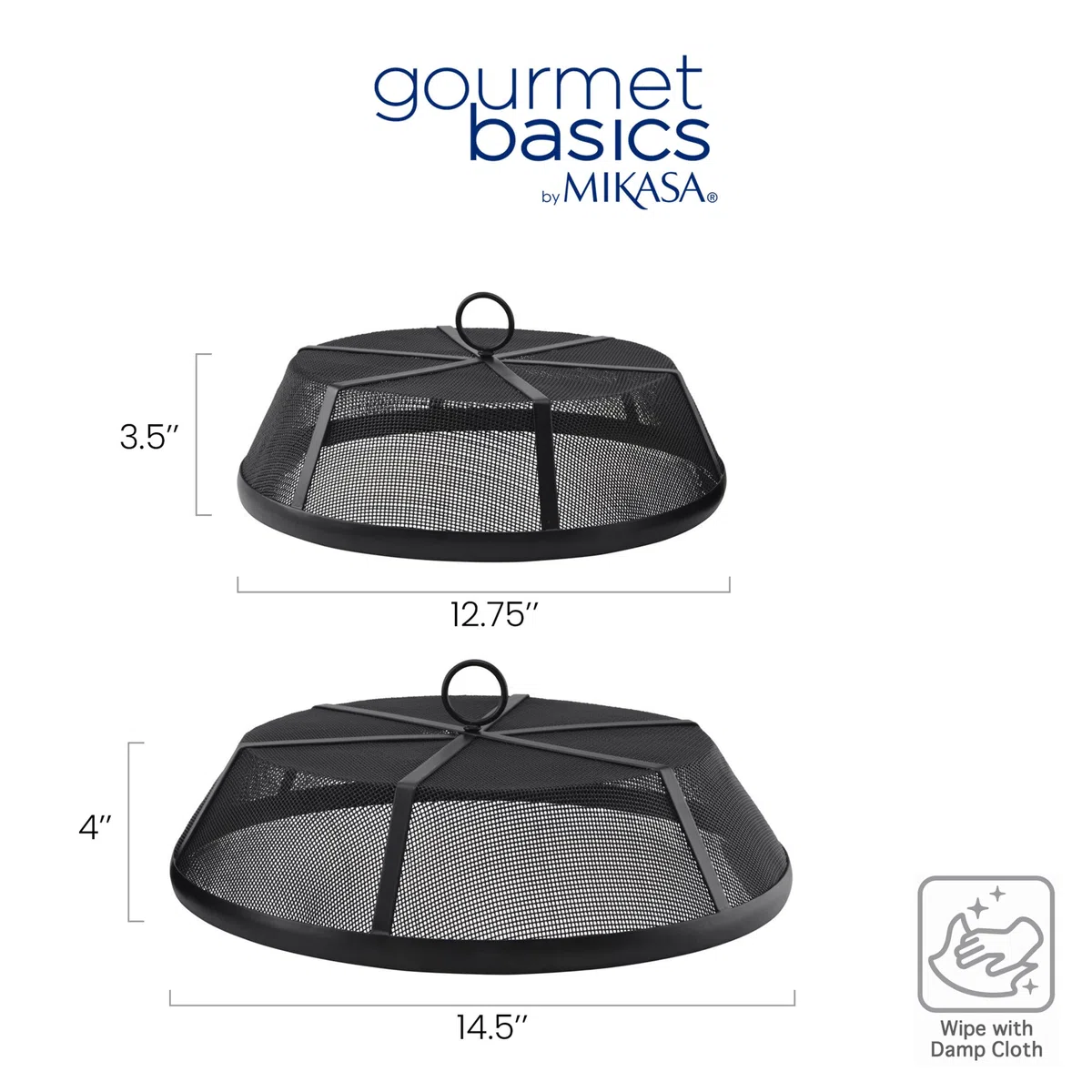Gourmet Basics by Mikasa Juego de 2 cubiertas de malla metálica para cúpula de alimentos, 12.75 pulgadas, 14.5 pulgadas, color negro