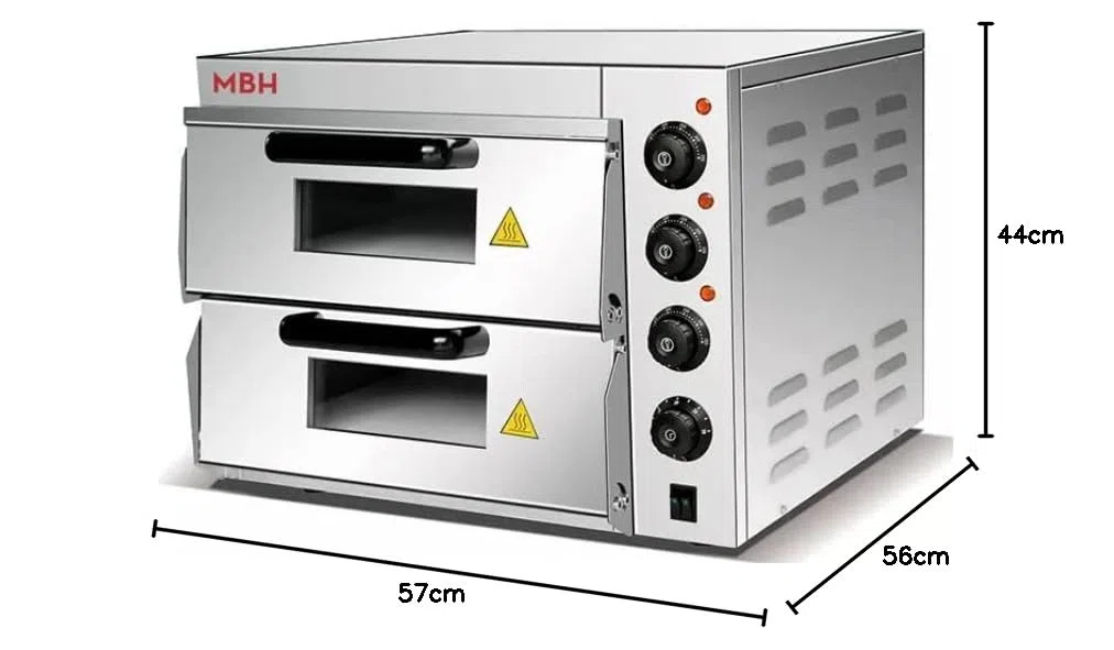 MBH - Horno de pizza profesional eléctrico de 2 pisos para hostelería. Horno para 2 pizzas industrial pequeño para bar y restaurante