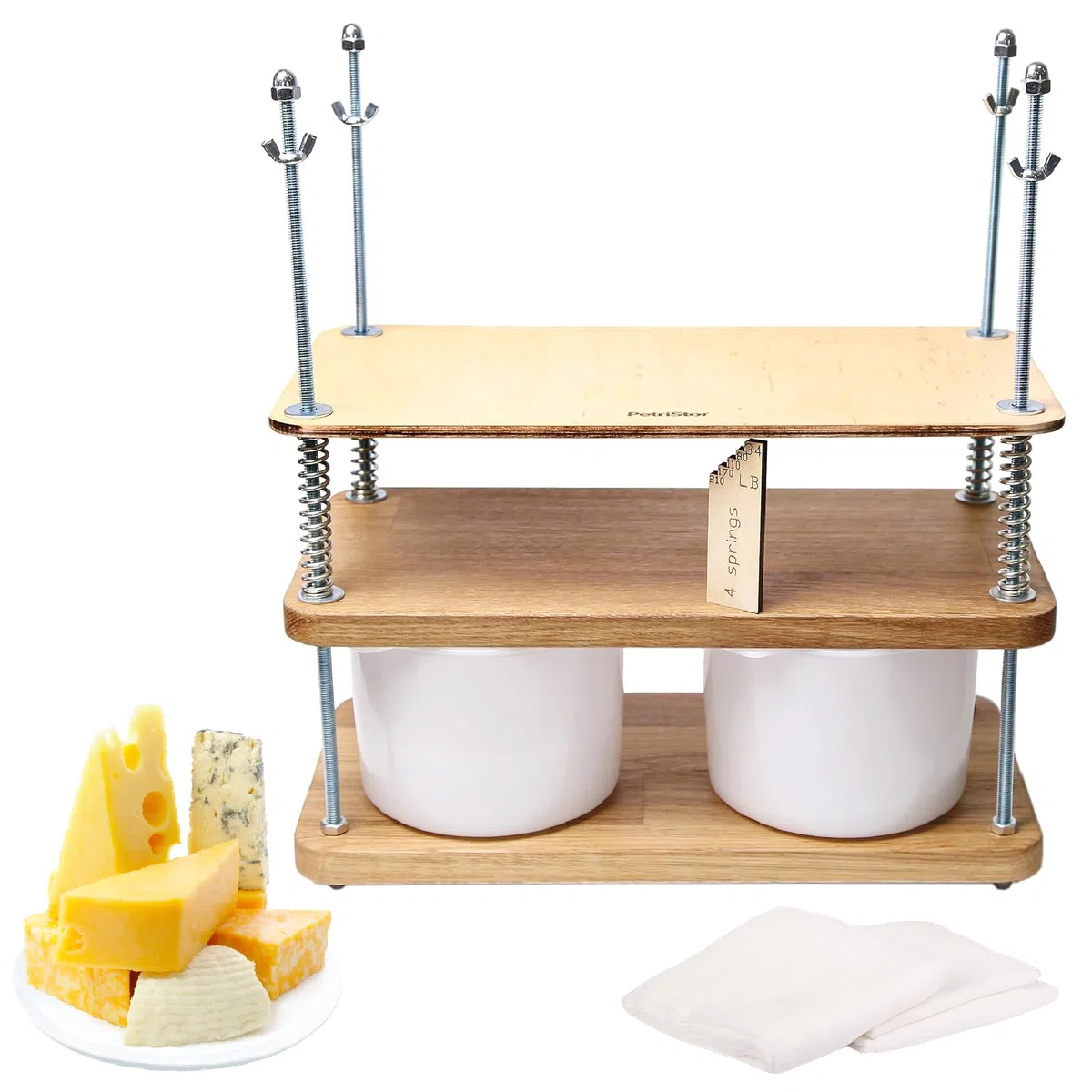 Prensa de queso para hacer queso de 40 cm, roble natural, 18 mm de grosor, kit de fabricación de queso con prensa de queso de madera y 2 moldes de queso de 1.8 L blanco