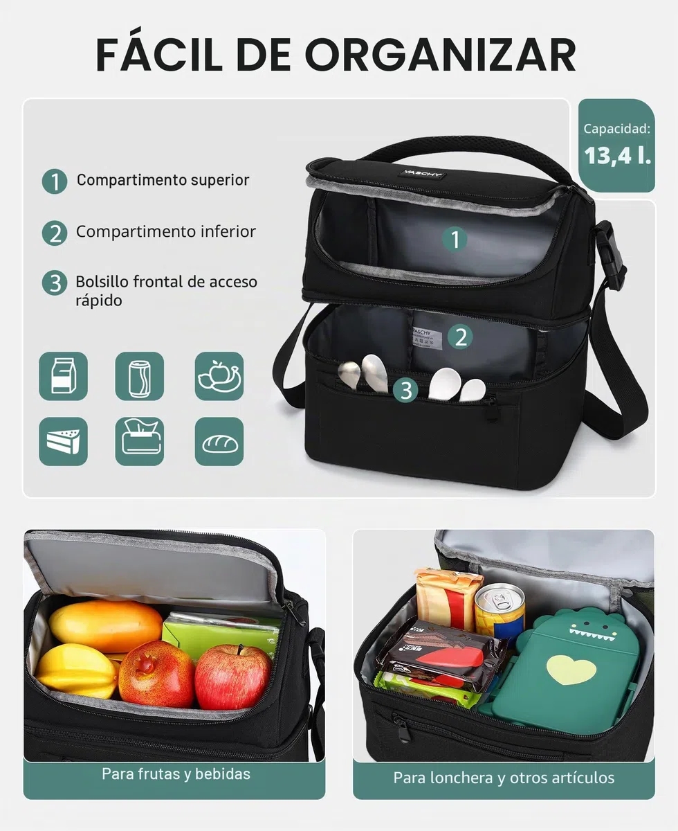 VASCHY Bolsa Térmica Porta Alimentos, Bolsa Comida Trabajo Bolsa Almuerzo Bolsa Isotermica Nevera Portatil con Dos Compartimentos y Correa Ajustable para Picnics, Playa, Camping, 13,4 L, Negro