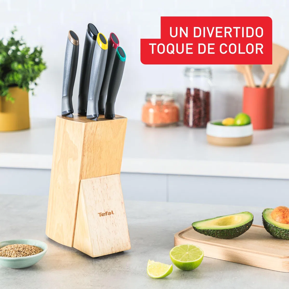 Tefal Fresh Kitchen - Bloque de madera con 5 cuchillos (Pelador 9 cm, Utilitario 12 cm, Chef 15 cm, Rebanador 20 cm, Pan 20 cm), acero inoxidable de alta precisión, K122S5