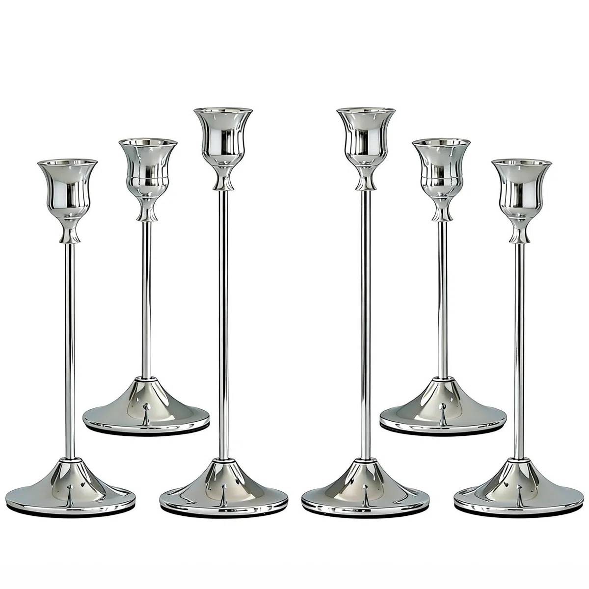 Juego de 6 Candelabros Plateados, 3 Tamaños (17/20/23 cm), Portavelas Vintage para Decoración de Mesa, Bodas, Fiestas, Cenas, Chimenea y Hogar