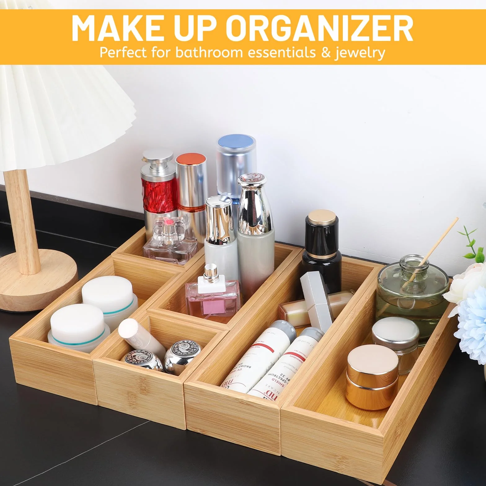 DBREAKS Set de 6 Cajas Organizadoras para Cajones de bambú, Caja de almacenaje, para Utensilios, Maquillaje, Basura en Cocina, Baño(Natural)
