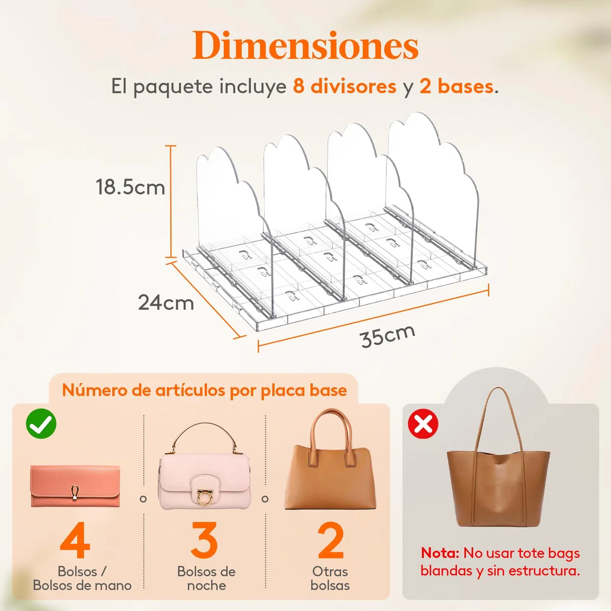 Lifewit 2 PCS Organizador de Bolsos de Plástico, Adjustable Separador Bolsos para Almacenaje Armario Estantes, Divisores de Embrague/Bolsos Mano/Libro para Dormitorio, Oficina,Librerías, Transparente