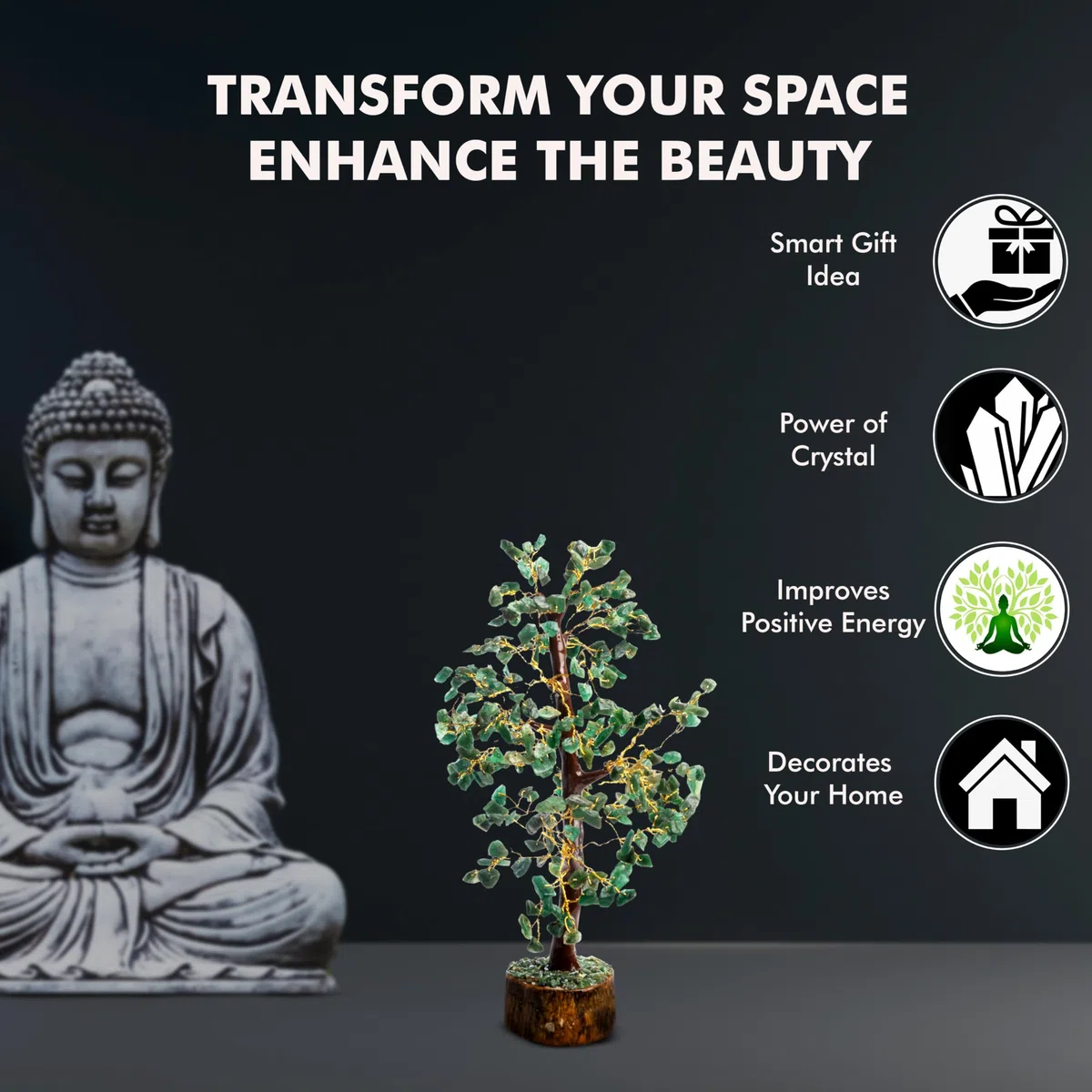 WC Arbre en Cristal de Jade Vert pour décorations d'intérieur à énergie Positive et arbre en Cristal de guérison Avec Joint en M et Fil doré | Arbre de Fortune | Décor de Cristal (300 Perles)