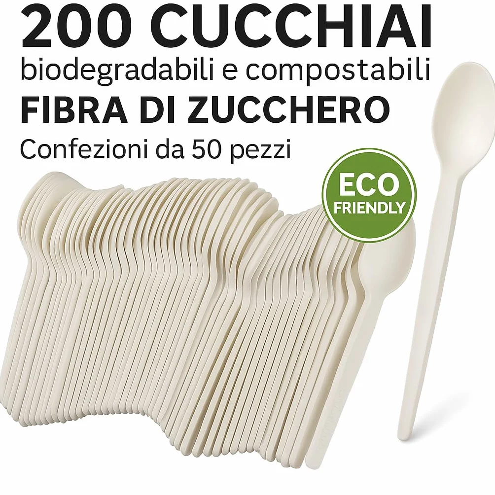 200 cucharas biodegradables y compostables blancas, cubiertos de fibra de azúcar, paquetes de 50 piezas vajilla ecológica ecológica (200 cucharas)
