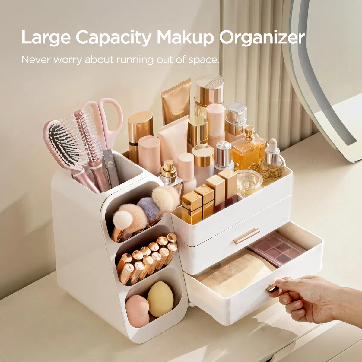 hblife Organizador de maquillaje, organizador de maquillaje con cajones, porta pinceles Make Up, caja cosmética de plástico 3 en 1, caja de almacenamiento de maquillaje blanca