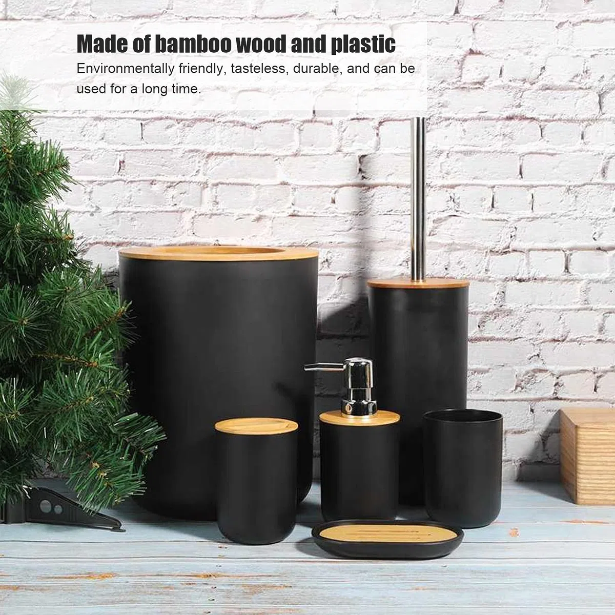 Juego de accesorios de baño de bambú, kit de limpieza de 6 piezas, soporte para cepillo de dientes, dispensador de jabón, jabonera, taza, cepillo de inodoro para decoración elegante del hogar
