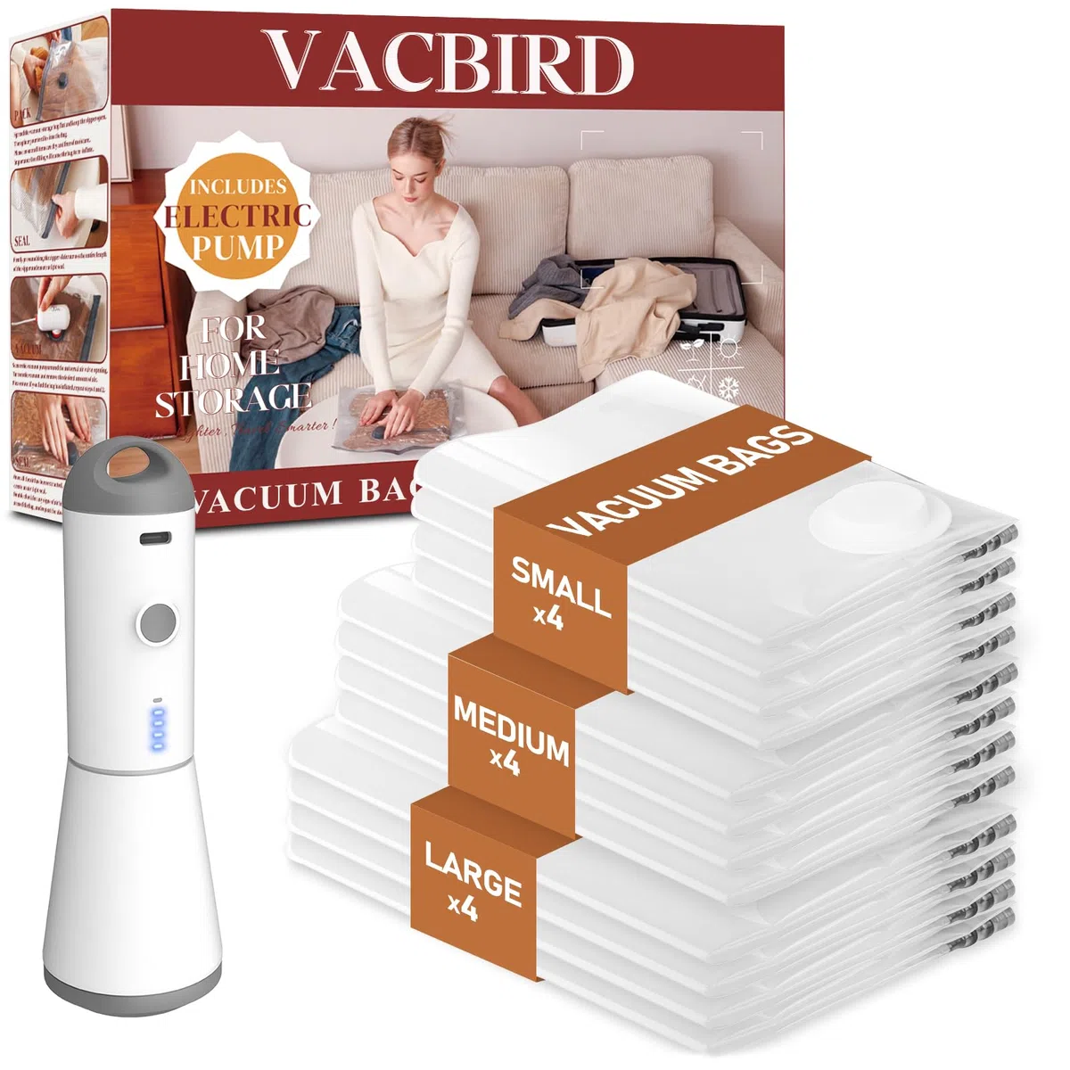 Vacbird Bolsas de Vacío Ropa con Bomba de Vacío Eléctrica Inalámbrica, 12 Bolsas al Vacío para Ropa (4 pequeñas, 4 medianas, 4 grandes), para Guardar Ropa, Ropa de Cama