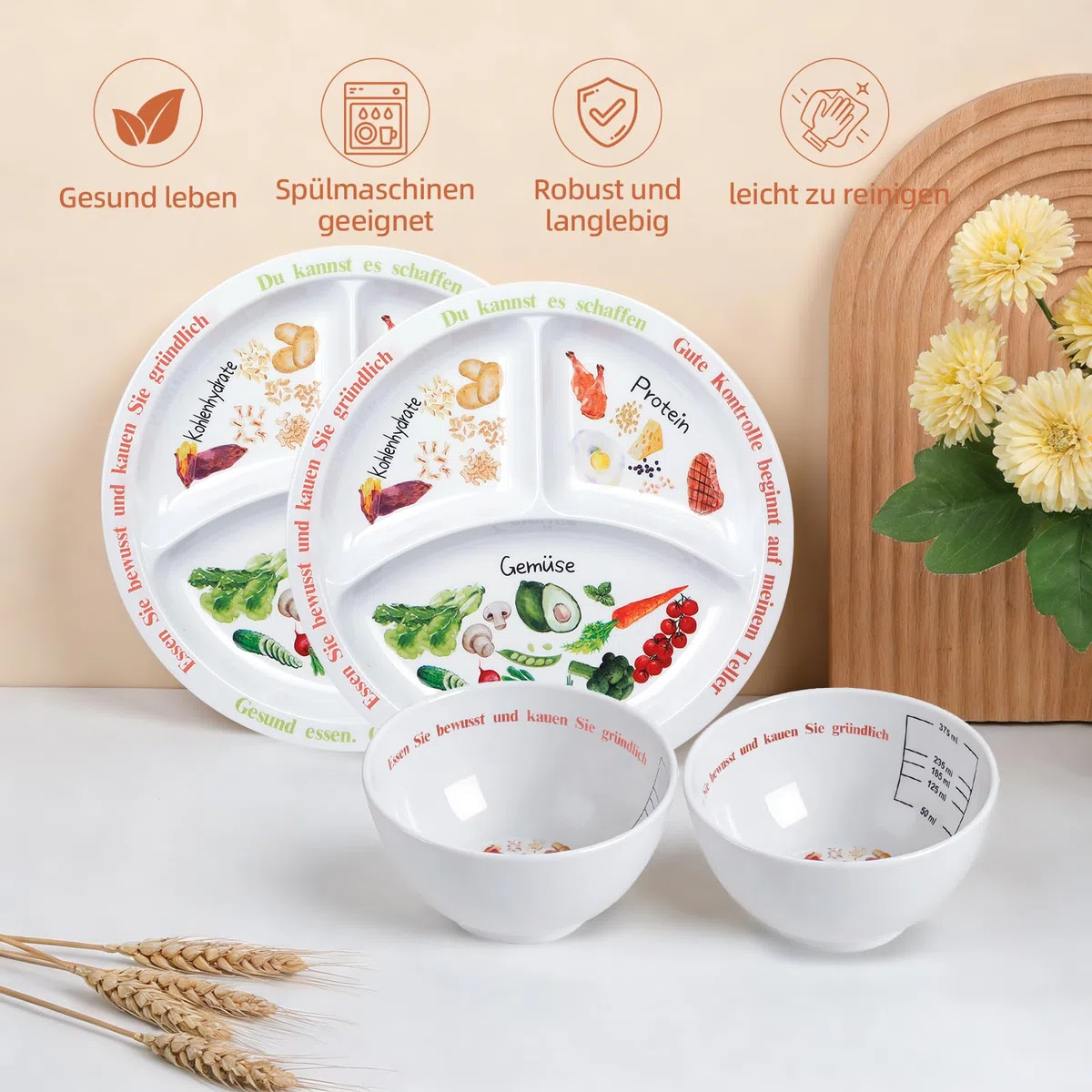 Juego de 4 platos de control de porciones para una nutrición equilibrada, platos con dieta saludable para adultos y jóvenes, divisiones de melamina, pérdida de peso (Español)