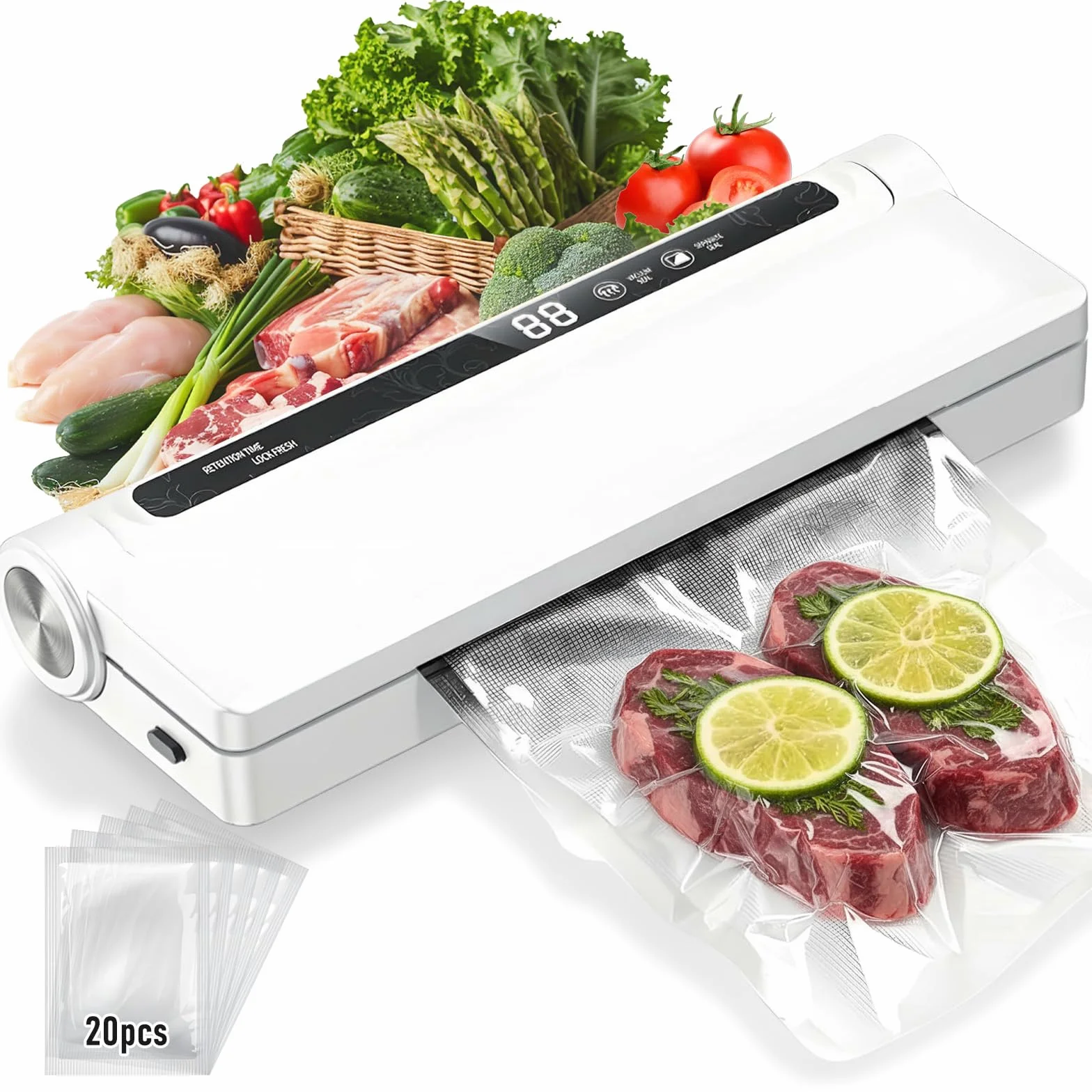 Envasadora al Vacío de Alimentos, con 20 Bolsas, 2 en 1, con Modos Húmedo y Seco Para Conservar Frutas, Verduras, Pan y Carne, Succión de 60 kPa