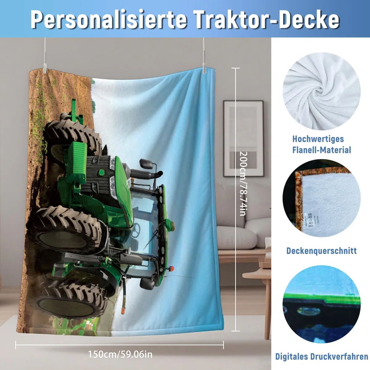 Manta de tractor, manta para niños, manta de franela con temática de granja, manta cálida y mullida para sofá para niños y niñas (tractor azul, 150 x 200 cm)
