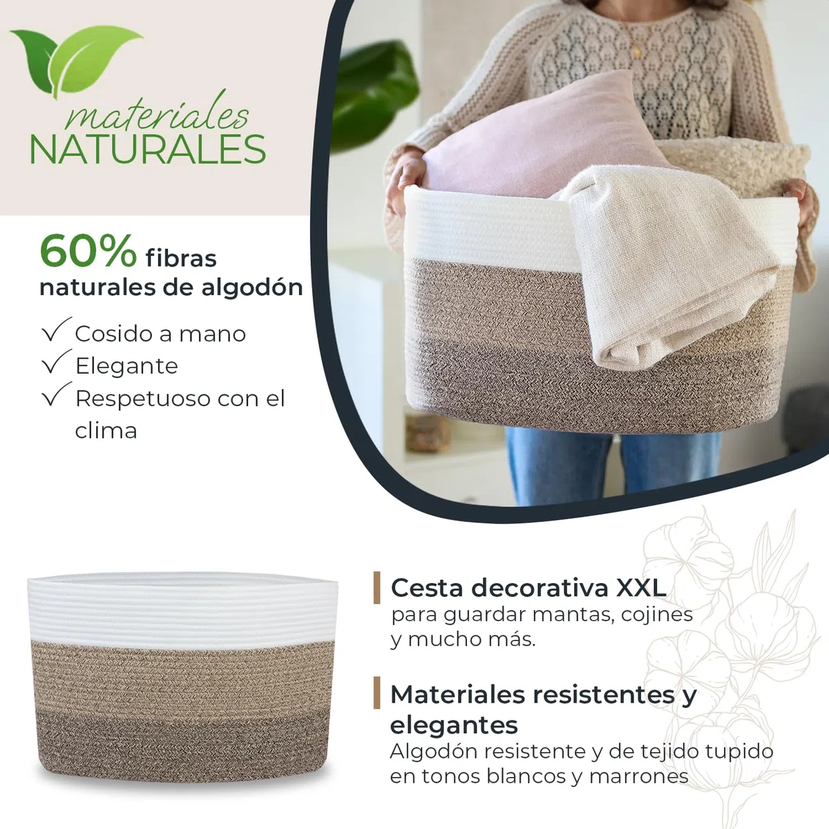 HMF XXL Cesto para la ropa de algodón, cesta de almacenamiento rectangular con asas | 55 x 43 x 30 cm | Blanco-Marrón
