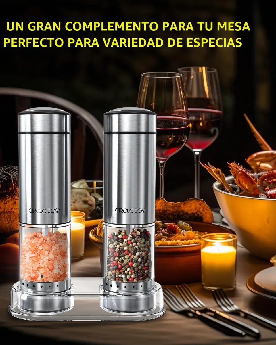 CIRCLE JOY Juego de Molinillos Eléctricos de Pimienta Molinillo de Especias de Acero Inoxidable a Batería con Base, Recipiente Transparente Lavable de 95ml, Luz LED Blanca y Rugosidad Ajustable, Plata