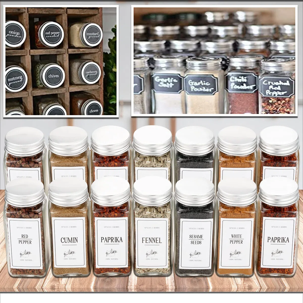 Tarros de especias con tapas, 25 unidades, tarros cuadrados de vidrio de 4 onzas con etiquetas, tapas de coctelera, 45 unidades, recipientes de especias de cocina de 4.2 onzas líquidas con bolígrafo