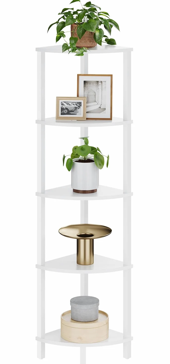 Estantería Esquinera de 5 Niveles para Almacenamiento y Plantas, Diseño Industrial para Cocina y Salón, Color Blanco JSJ001WV1