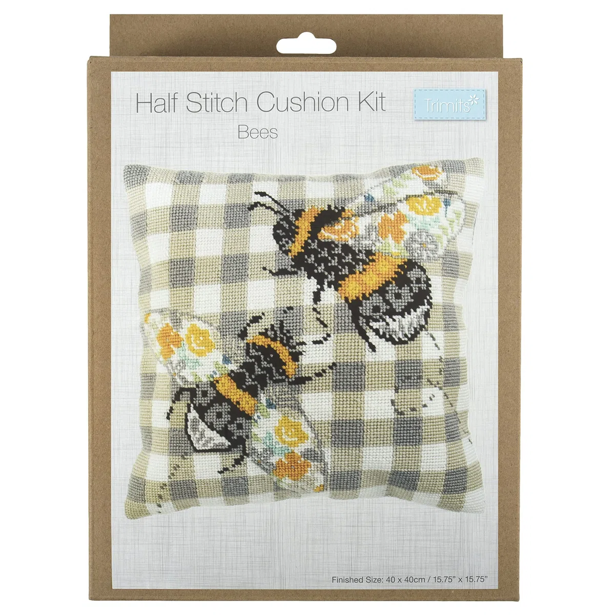 Trimits Kit de cojín de punto de cruz, parte trasera de cojín incluida, lienzo preimpreso, hilo y aguja incluidos, 40 x 40 cm, abejas