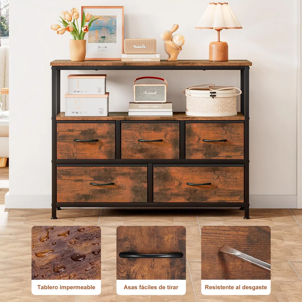 Mueble TV Alto con 5 Cajones, Soporte TV 45",Marrón | Mueble Televisión Compacto para Salón, Dormitorio o Espacios Pequeños con Estantes Abiertos y Almacenamiento