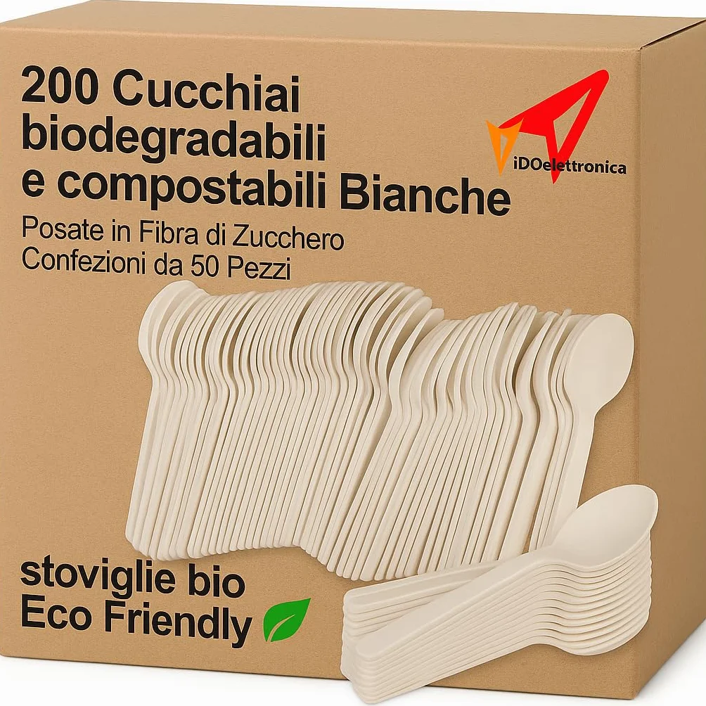 200 cucharas biodegradables y compostables blancas, cubiertos de fibra de azúcar, paquetes de 50 piezas vajilla ecológica ecológica (200 cucharas)