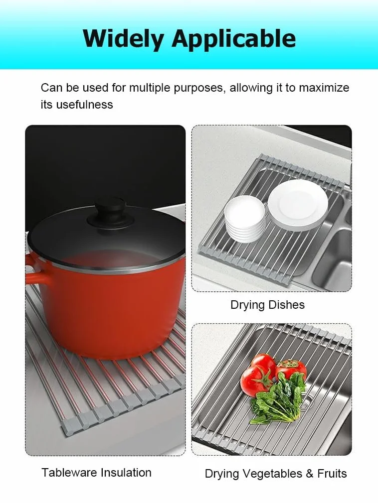 Escurridor de platos enrollable para colocar sobre el fregadero, ideal para la encimera de la cocina. Alfombrilla plegable para escurrir platos sobre el fregadero. Escurridor plegable de acero inoxid
