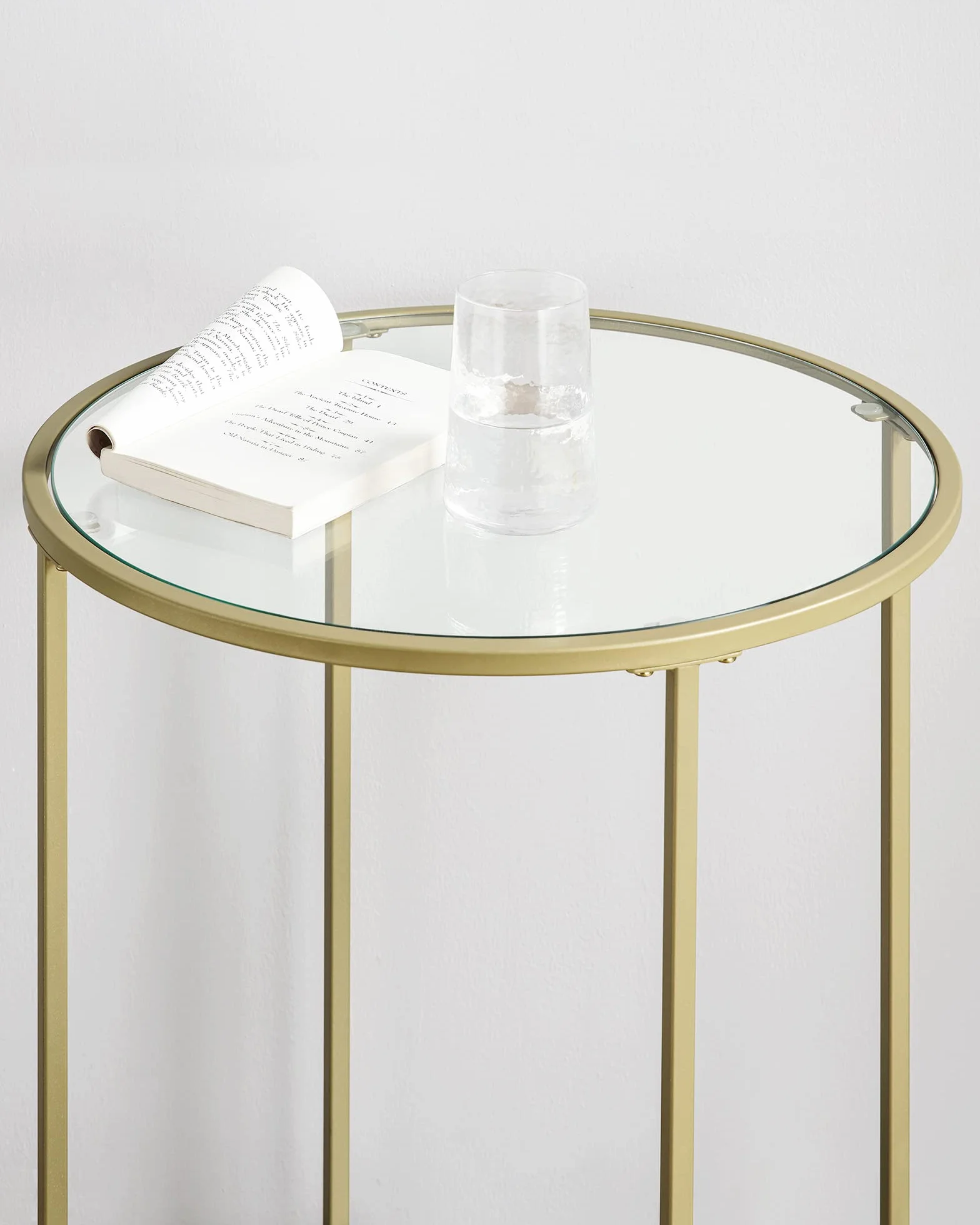 VASAGLE Mesa Auxiliar Redonda, Mesita de Noche de Cristal con Marco de Acero, Mesa de Centro Pequeña, para Salón, Balcón, Decorativo, Dorado y Transparente LGT20G