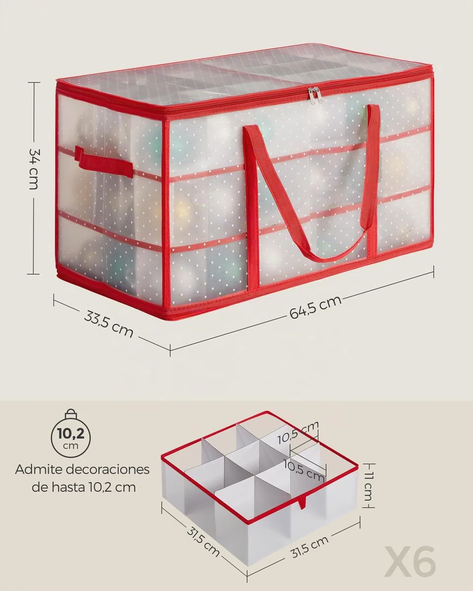 SONGMICS Caja Grande para Adornos de Navidad, 10,2 cm 54 Ranuras, Caja de Plástico para Adornos de Navidad con Tapa, Doble Cremallera, 6 Bandejas, Asas Laterales, Rojo Cereza RFB030T01