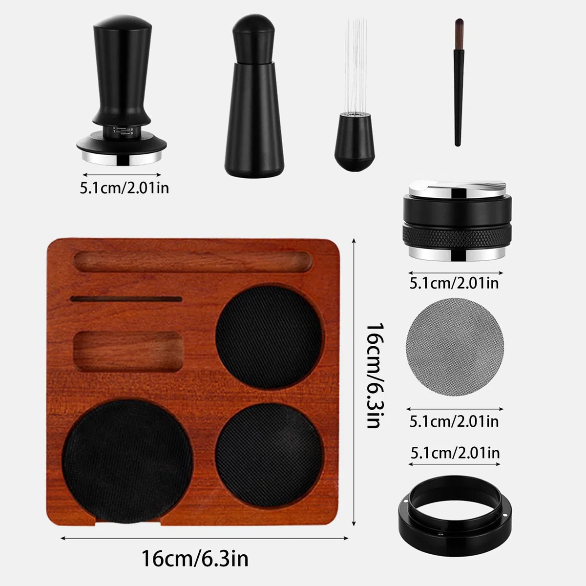 Set de apisonador para café 7 piezas ergonómico y antideslizante universal | Accesorios para Distribuidor de Café para en cocinas, estudios, bares, mostradores, tiendas, oficinas