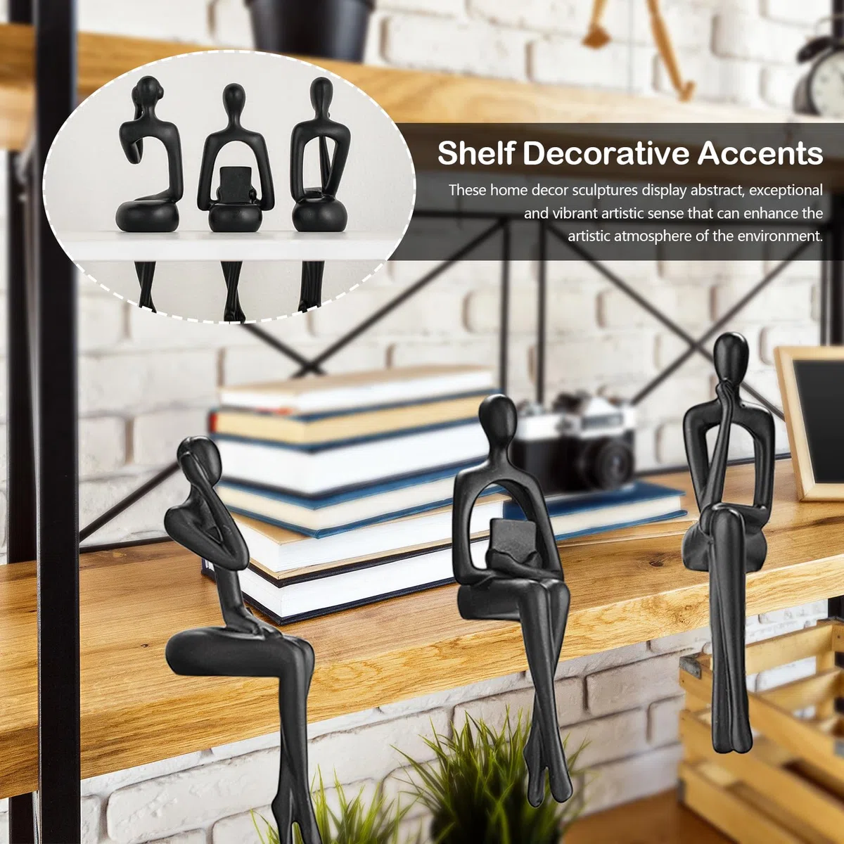 Negro Estatuas De Pensador, 3PCS Escultura De Pensador Figuras Decorativas De Arte Abstracto Estatuas Decoración Versátil Esculturas De Resina Modernas De Estar Oficina Estantería Dormitorio