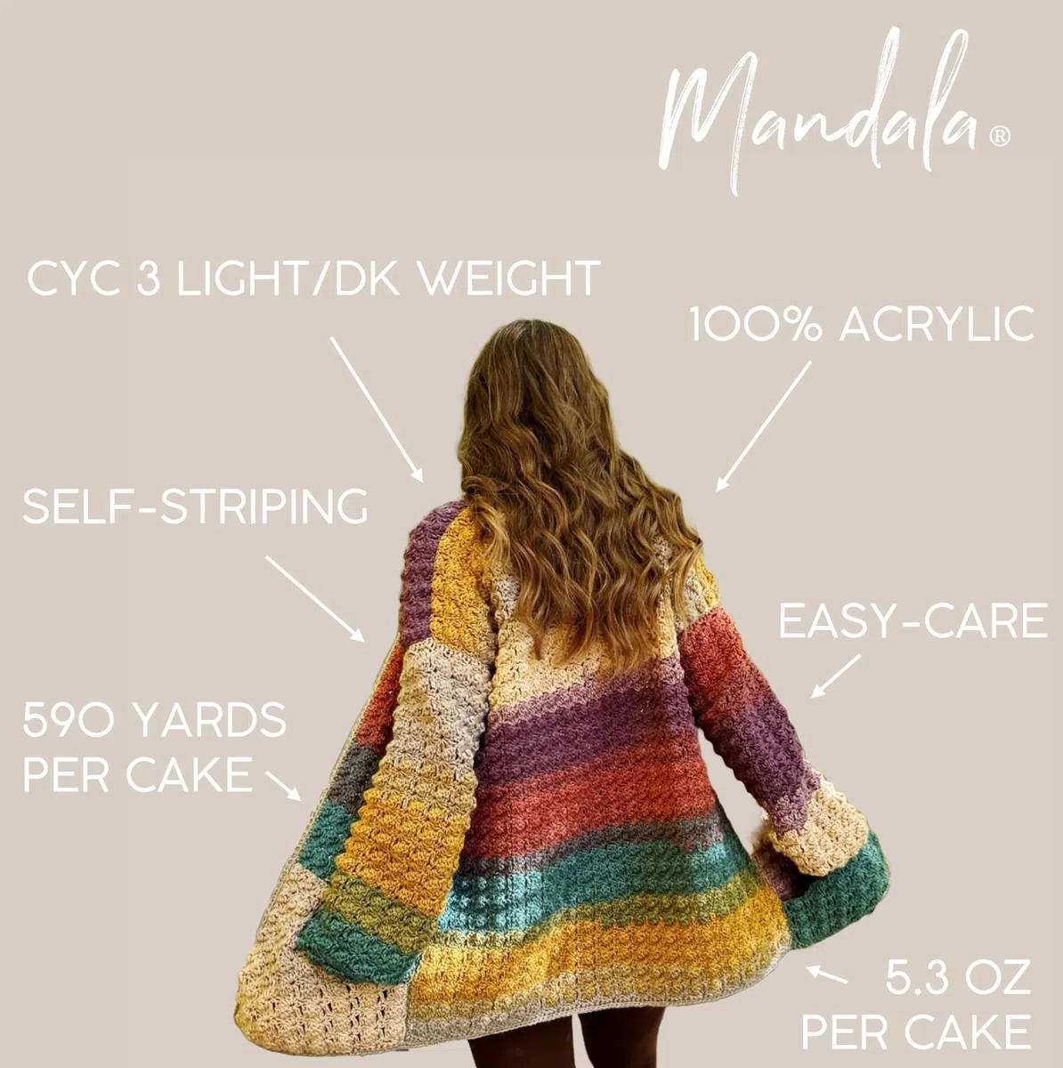 Lion Brand Mandala Hilo multicolor para ganchillo y punto, hilo para manualidades, tonos marrón, rojo, beige, naranja y amarillo (Banshee), paquete de 3