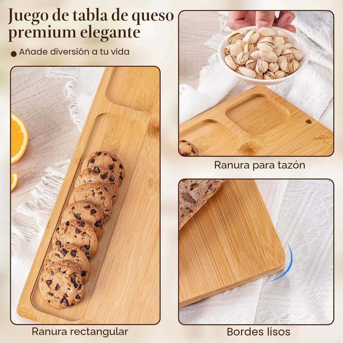 LATERN Juego de Tablas de Queso de Bambú, 35CM x 27CM Bandeja de Madera para Embutidos Tabla de Quesos con 4 Cuchillos para Queso, Set de Regalo Ideal para Navidad Bodas Acción de Gracias Fiesta
