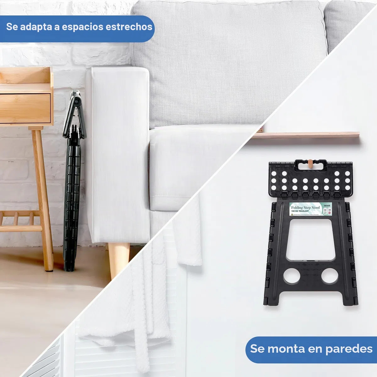 Taburete plegable de 40 cm, color negro, 2025, con capacidad de carga de 150 kg, taburete plegable con bloqueo de seguridad y mango giratorio, ideal para el hogar, oficina, exterior, cuidado