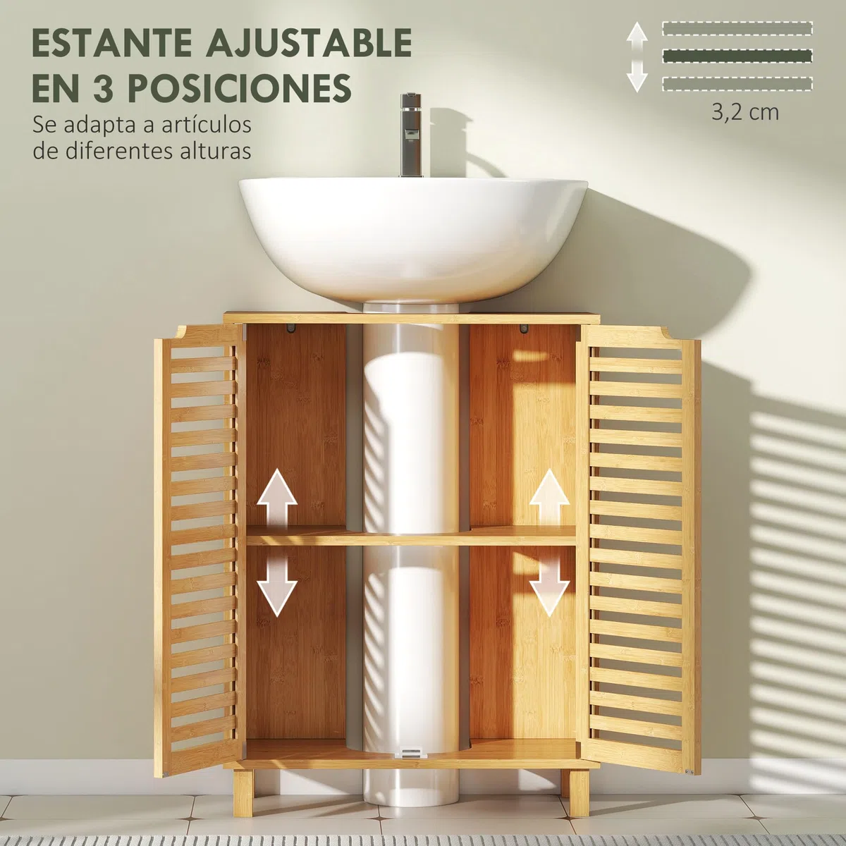 HOMCOM Mueble Bajo Lavabo de Bambú 2 Puertas de Lamas 60x30x80cm Natural | Estante Regulable, Mueble de Baño, para Lavabos con o sin Pedestal