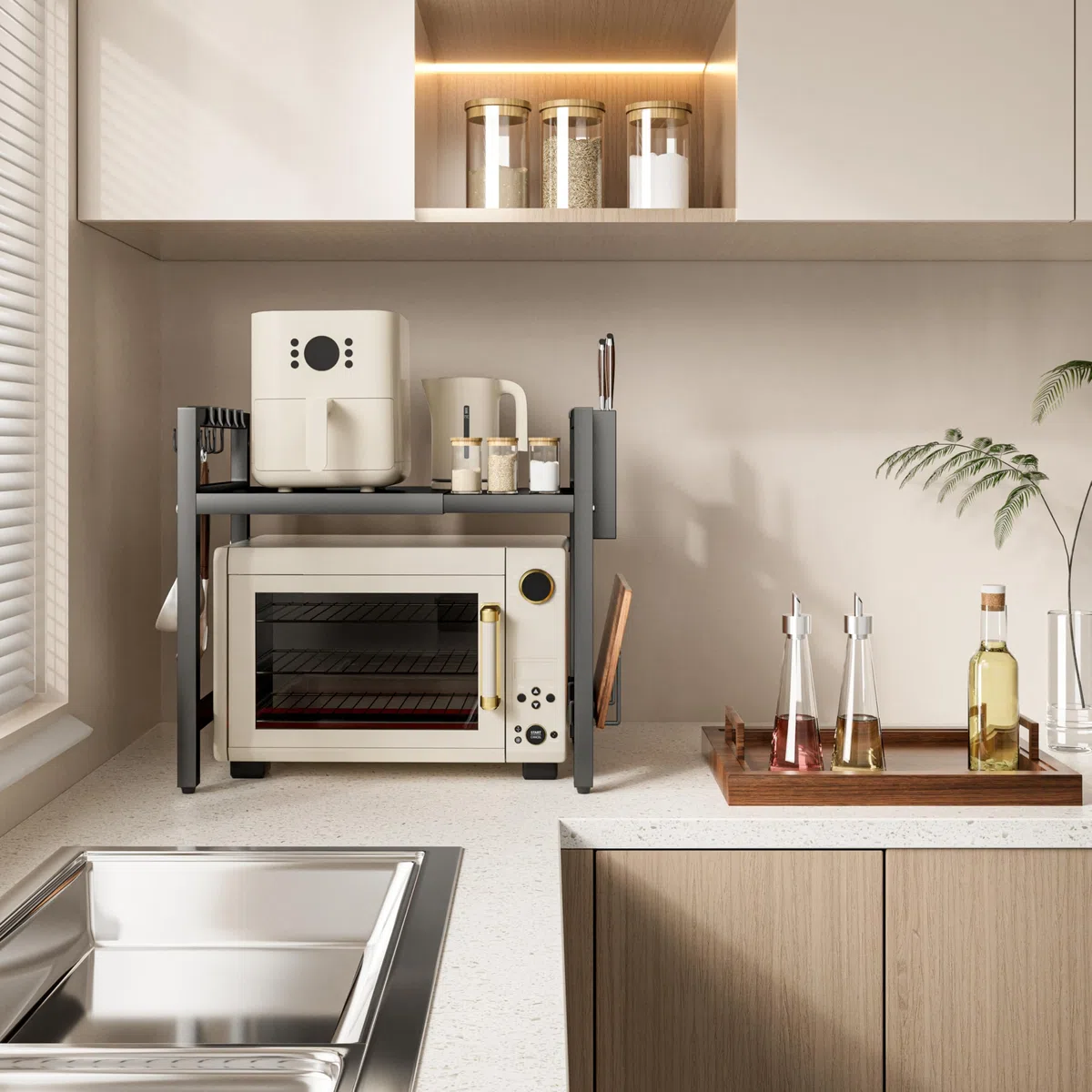 Soporte Extensible Microondas 2 Niveles - Mueble Estantería Cocina | Estante de encimera, organizador de almacenaje: 6 ganchos, portacuchillos y tabla de cortar. Acero al carbono, negro