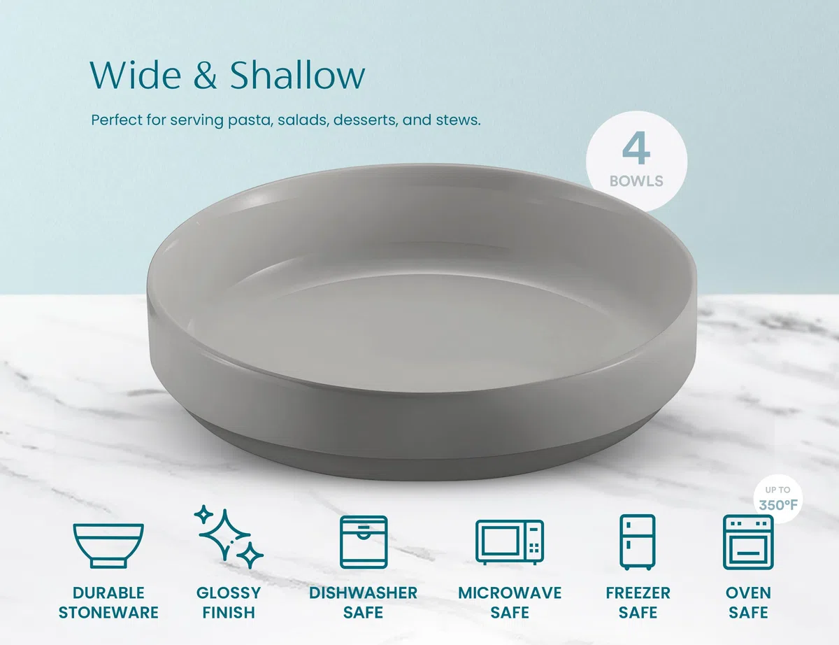 KooK Cuencos grandes de cerámica para pasta, aptos para microondas y lavavajillas, ideales para sopas y ensaladas, cuencos poco profundos, porcelana brillante, 48 onzas, juego de 4, gris polvo