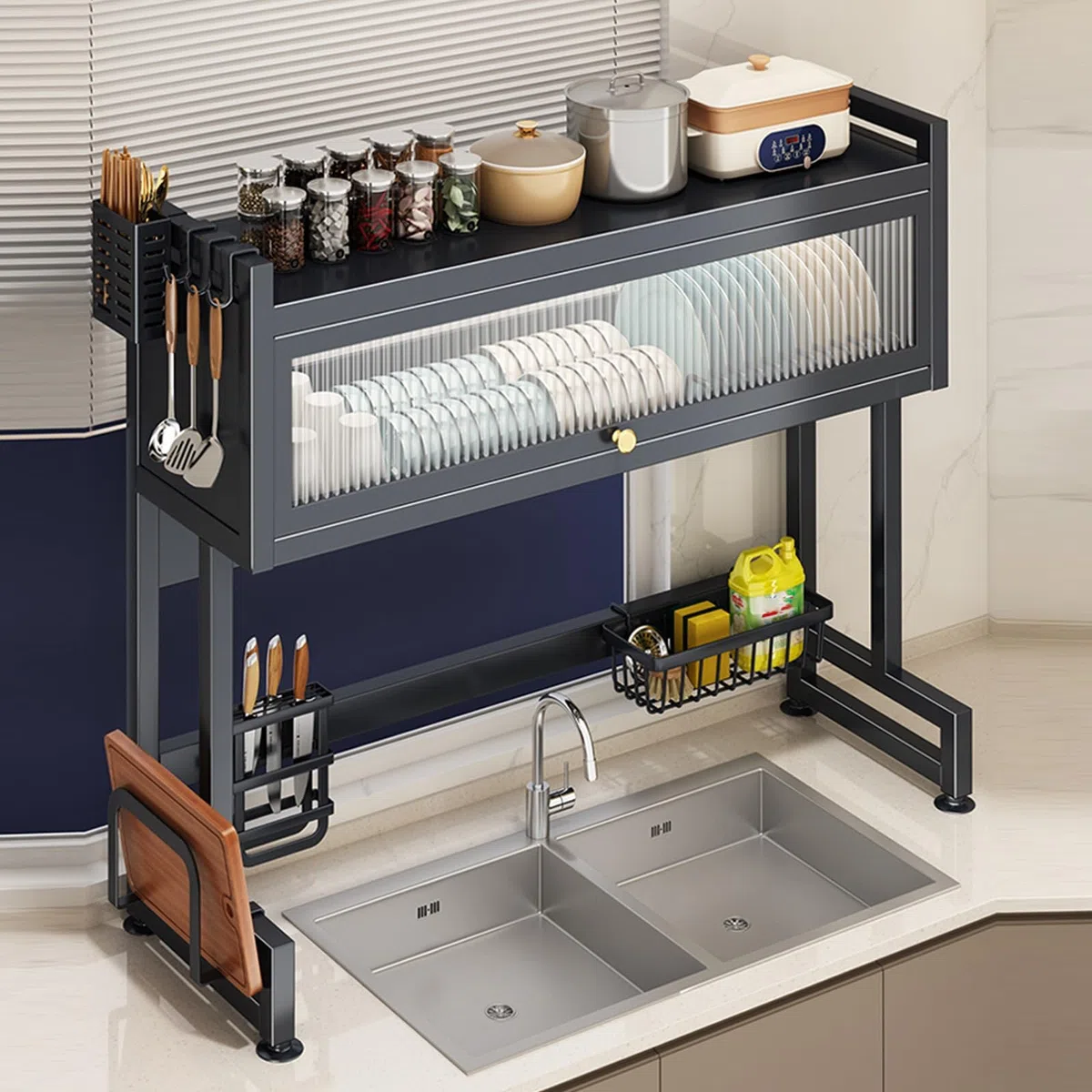 Escurridor de platos, organizador de cocina de 2 niveles con cubierta para platos, vasos, cuencos y cubiertos, diseño que ahorra espacio